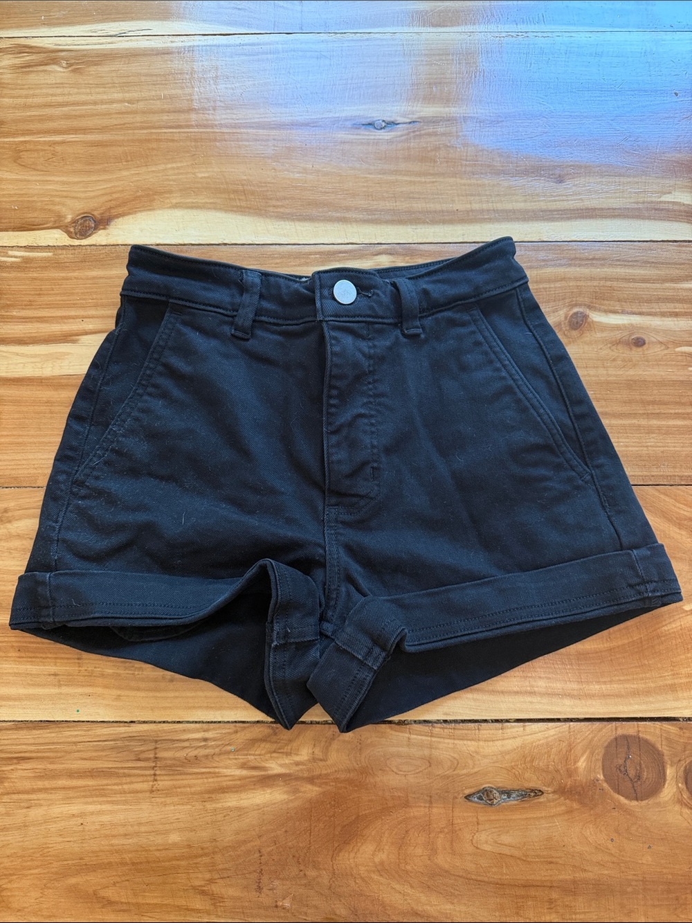 Everlane Black High-Waist Cuffed Shorts, 00, Black Stretchy Jean Shorts